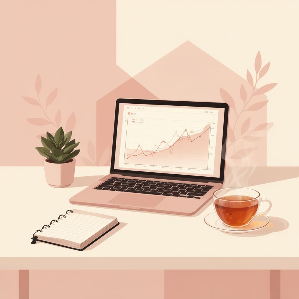 Calm workspace with financial charts and tea